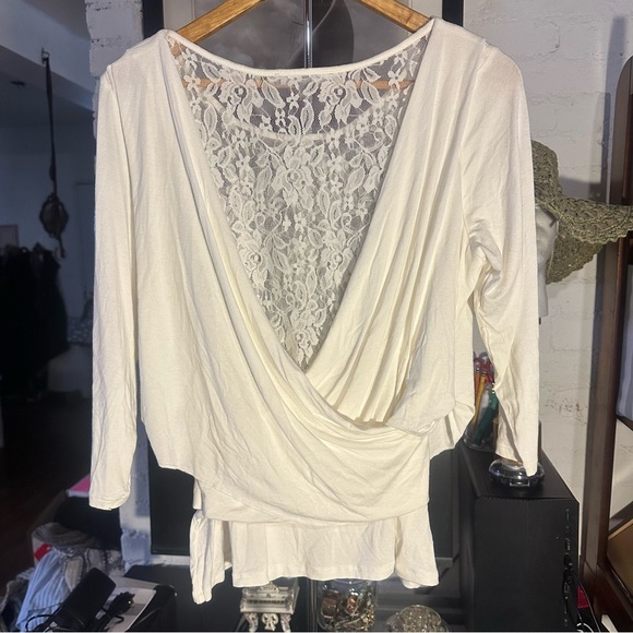 NWT NY Collection Womens White Lace Wrap LongSleeve Blouse Gypsy Fairy Lagenlook - Picture 3 of 11